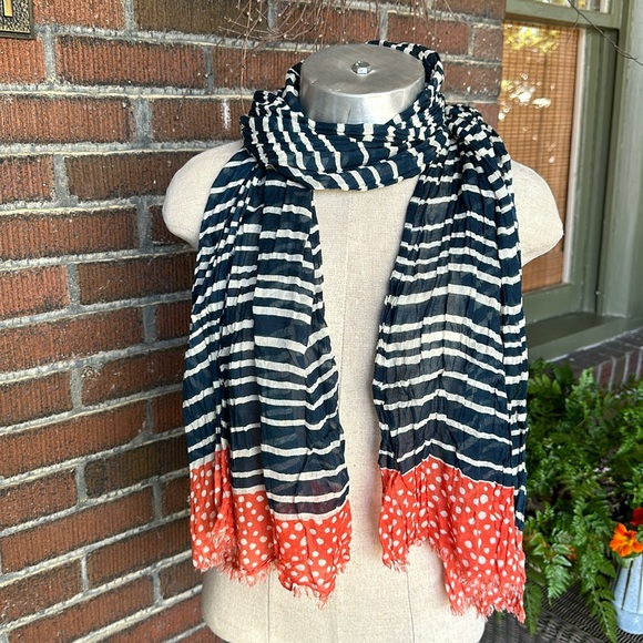 Rock Flower Paper blue/white/red stripe/polka dot lightweight crinkle scarf - Picture 1 of 5